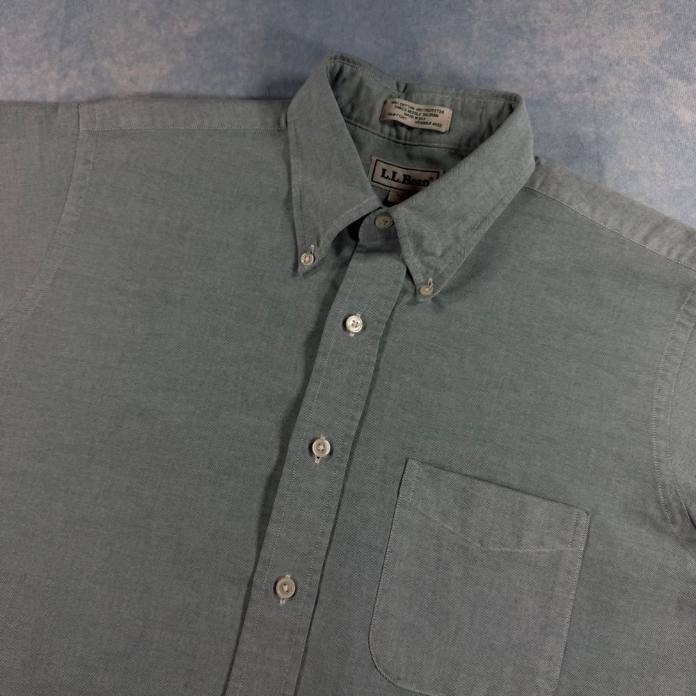 L.L. Bean Button Down Shirt Mens 16 Tall Green Short Sleeve Oxford Made in USA